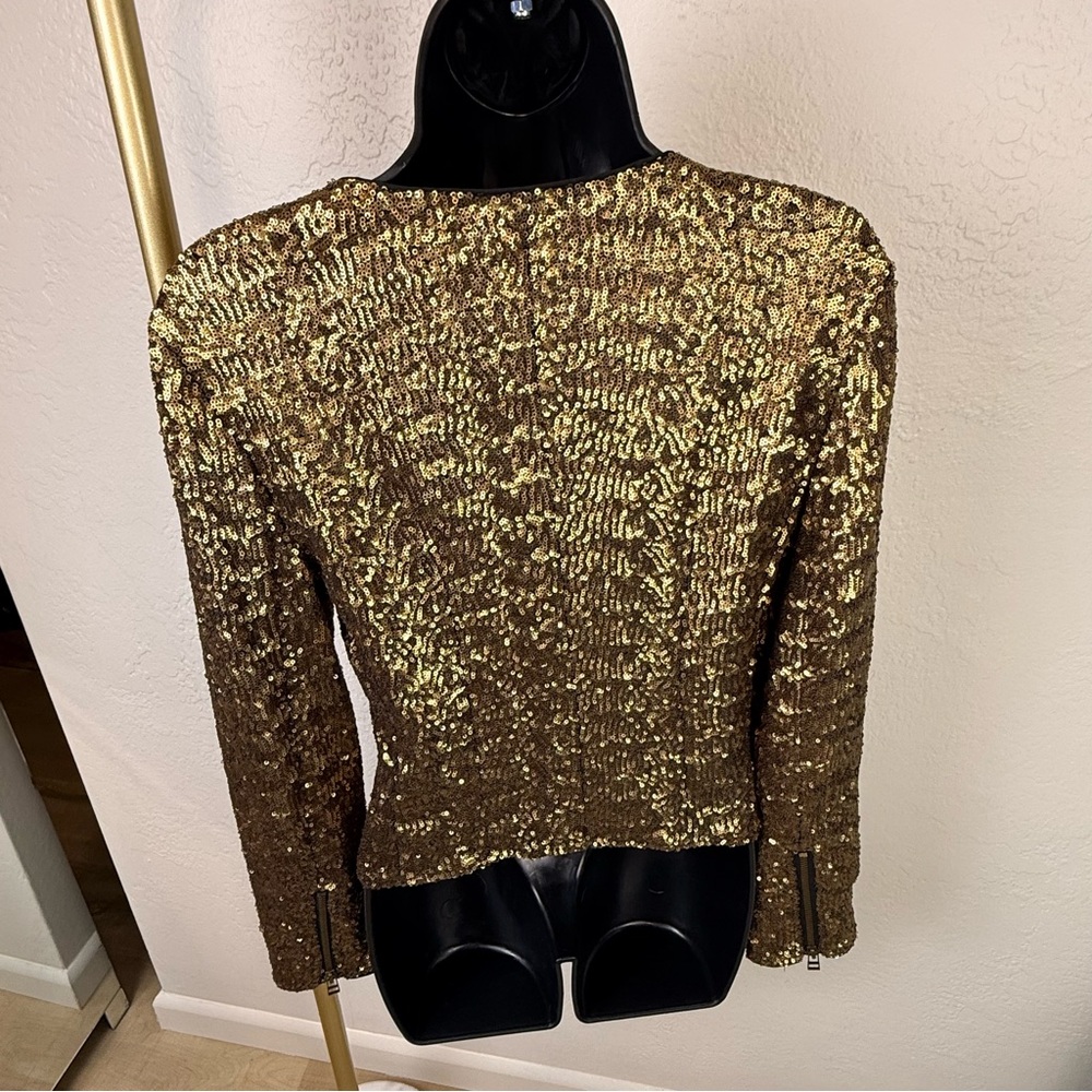 VINTAGE W118 by Walter Baker Gold/Bronze Sequin Zip Moto Jacket Size S Pristine - Picture 3 of 13